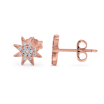 Starburst Stud Earrings Round Rose Tone, Simulated CZ 925 Sterling Silver